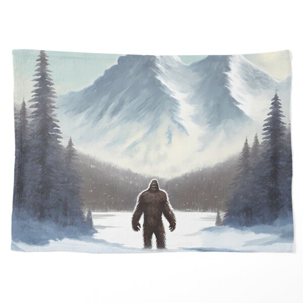 Pastel Blue Grey Winter Forest Yeti sasquatch silhouette