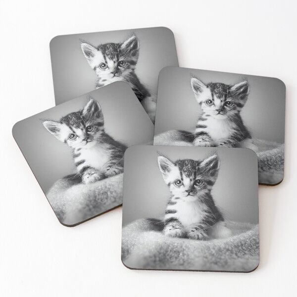 Item preview, cute kitten on a blanket in black and white designed and sold by Mebbotai.