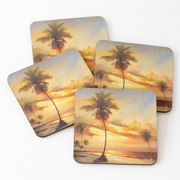 Item preview, Oil painting of palm trees on beach, beautiful sunset, golden hour designed and sold by amersoliman.