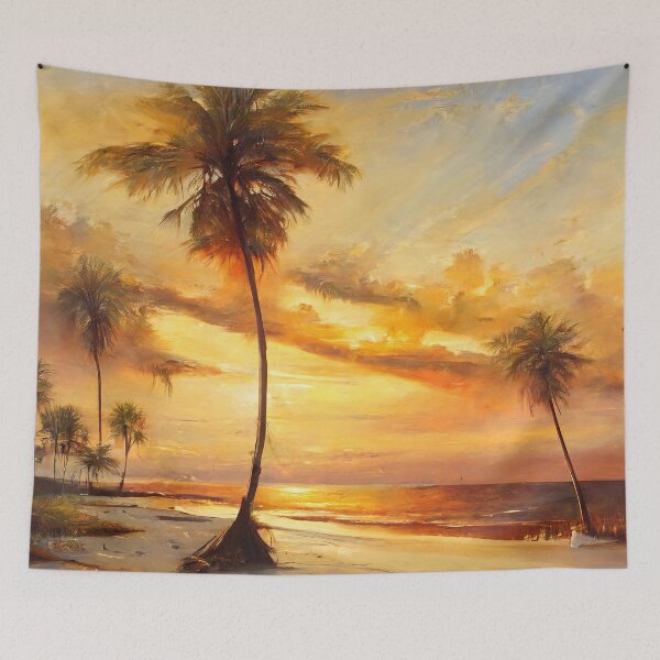 Item preview, Oil painting of palm trees on beach, beautiful sunset, golden hour designed and sold by amersoliman.