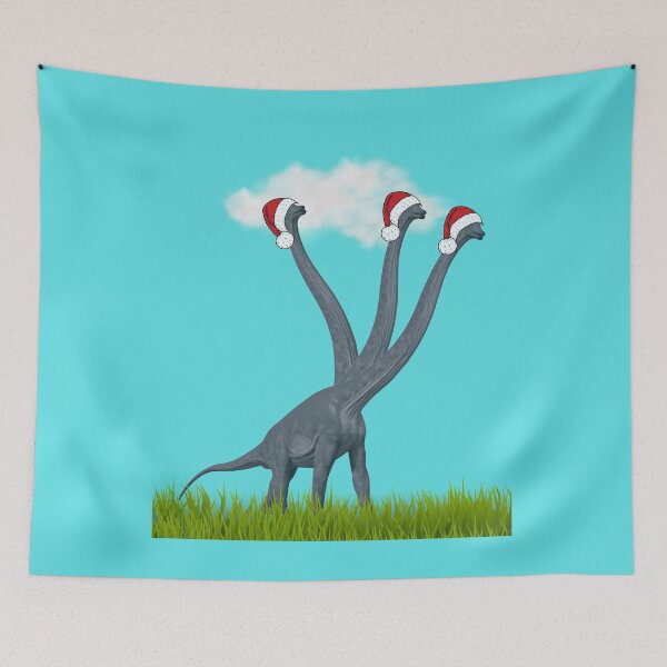 Item preview, Dinosaur enjoys Christmas with santa cap on (in blue) | 3-necked dinosaur designed and sold by CosmicStory.