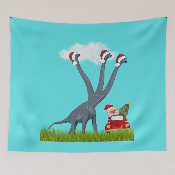Item preview, Dinosaur Christmas with Santa Claus 2 (in blue) | 3-necked dinosaur | Merry Xmas designed and sold by CosmicStory.