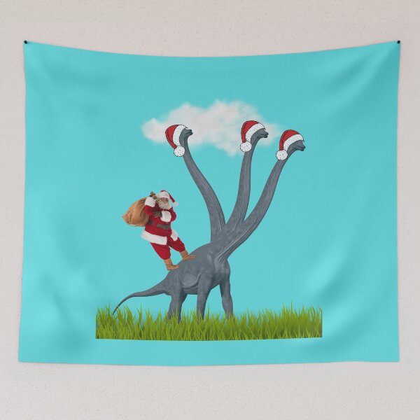 Item preview, Dinosaur Christmas with Santa Claus 3 (in blue) | 3-necked dinosaur | Merry Xmas designed and sold by CosmicStory.