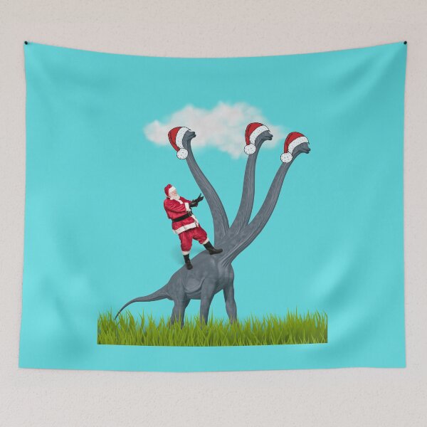 Item preview, Dinosaur Christmas with Santa Claus 4 (in blue) | 3-necked dinosaur | Merry Xmas designed and sold by CosmicStory.