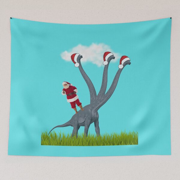 Item preview, Dinosaur Christmas with Santa Claus 5 (in blue) | 3-necked dinosaur | Merry Xmas designed and sold by CosmicStory.