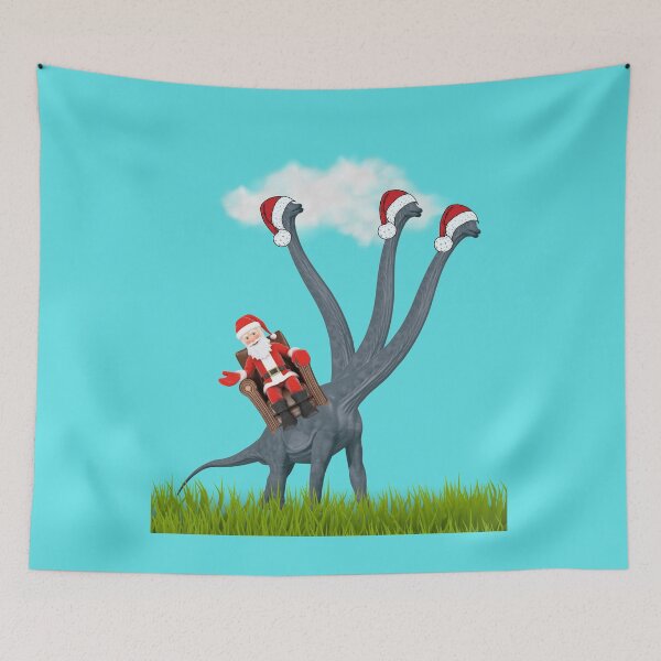 Item preview, Dinosaur Christmas with Santa Claus 7 (in blue) | 3-necked dinosaur | Merry Xmas designed and sold by CosmicStory.