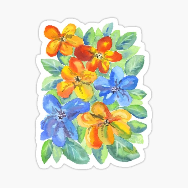 Watercolor Hand-Painted Orange Blue Tropical Flowers Sticker