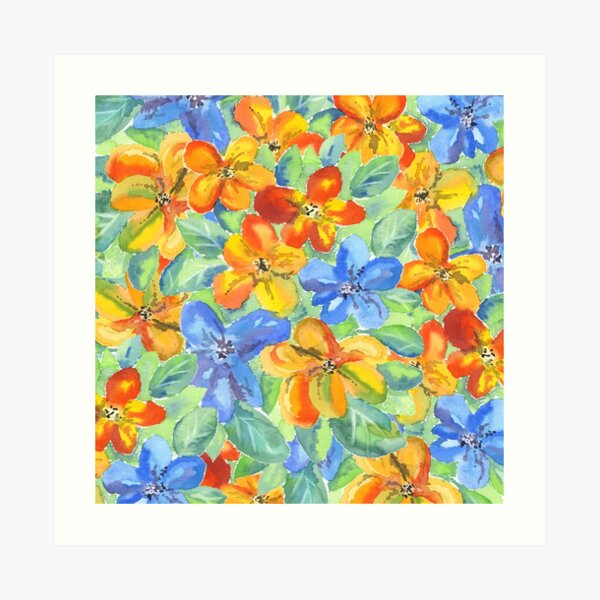 Watercolor Hand-Painted Orange Blue Tropical Flowers Art Print