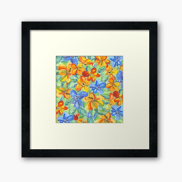 Watercolor Hand-Painted Orange Blue Tropical Flowers Framed Art Print