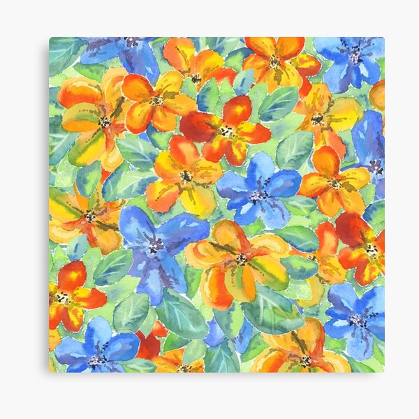 Watercolor Hand-Painted Orange Blue Tropical Flowers Canvas Print