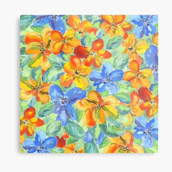 Watercolor Hand-Painted Orange Blue Tropical Flowers Metal Print
