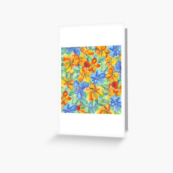 Watercolor Hand-Painted Orange Blue Tropical Flowers Greeting Card