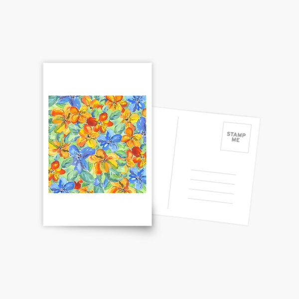 Watercolor Hand-Painted Orange Blue Tropical Flowers Postcard