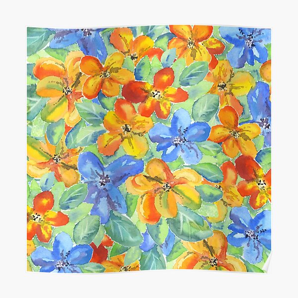 Watercolor Hand-Painted Orange Blue Tropical Flowers Poster