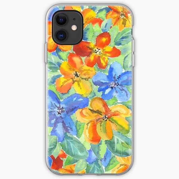 Watercolor Hand-Painted Orange Blue Tropical Flowers iPhone Soft Case