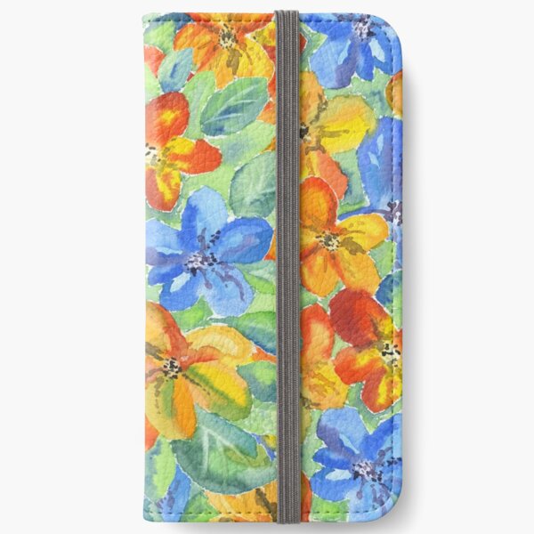 Watercolor Hand-Painted Orange Blue Tropical Flowers iPhone Wallet