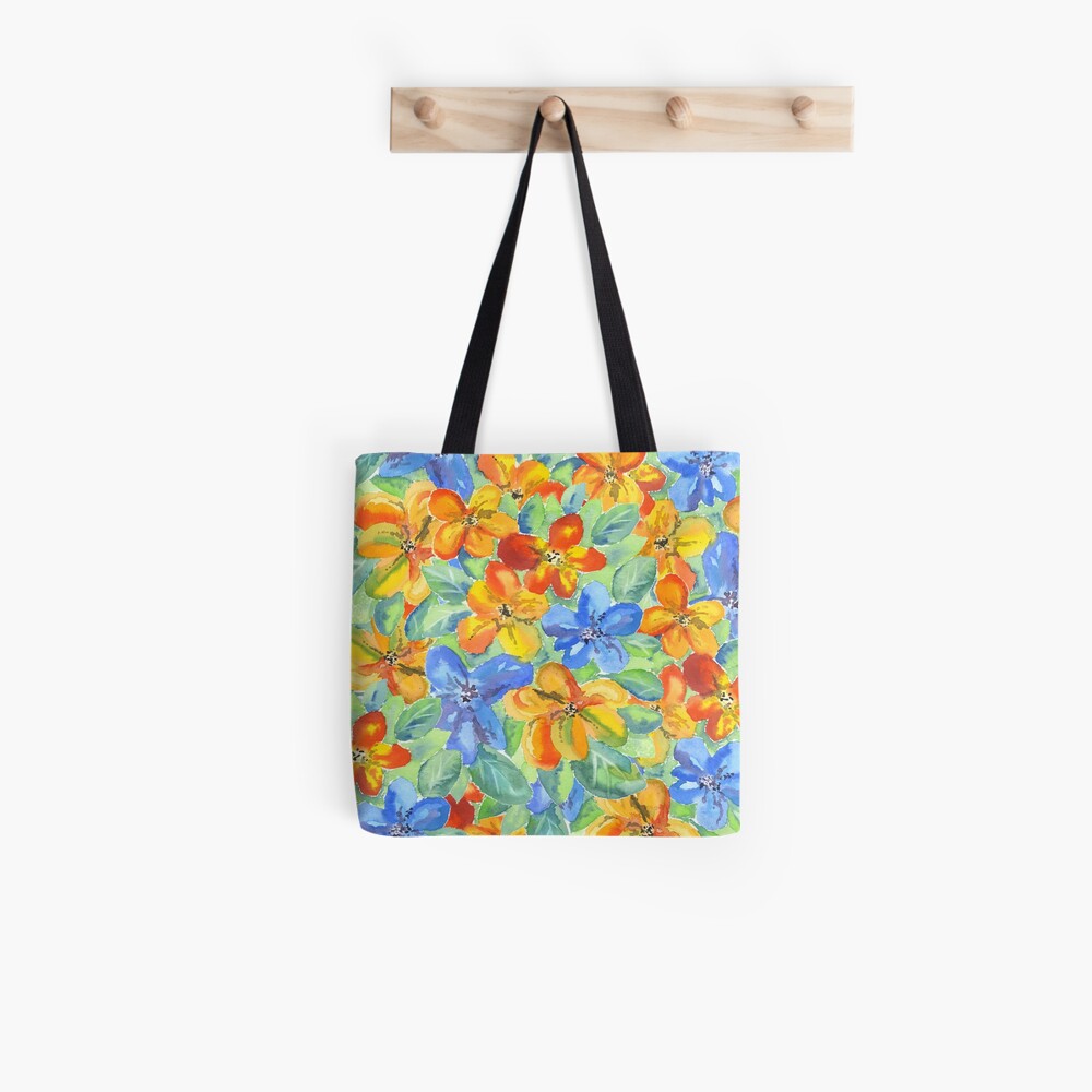 Watercolor Hand-Painted Orange Blue Tropical Flowers Tote Bag