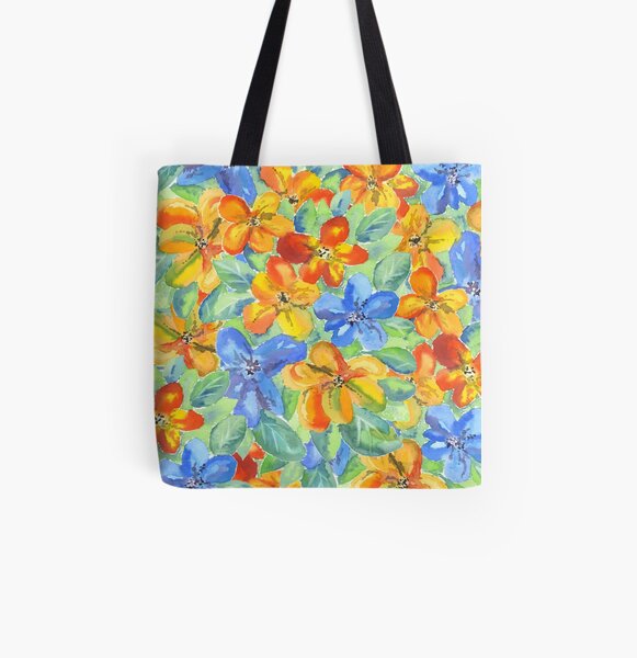 Watercolor Hand-Painted Orange Blue Tropical Flowers All Over Print Tote Bag