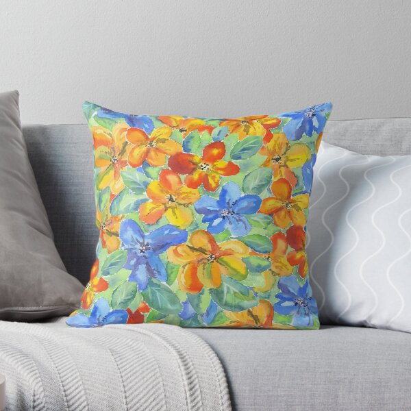 Watercolor Hand-Painted Orange Blue Tropical Flowers Throw Pillow