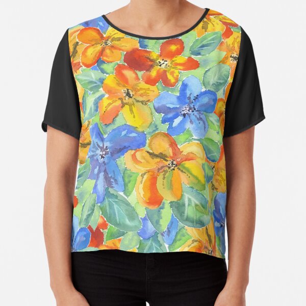 Watercolor Hand-Painted Orange Blue Tropical Flowers Chiffon Top