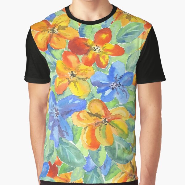 Watercolor Hand-Painted Orange Blue Tropical Flowers Graphic T-Shirt
