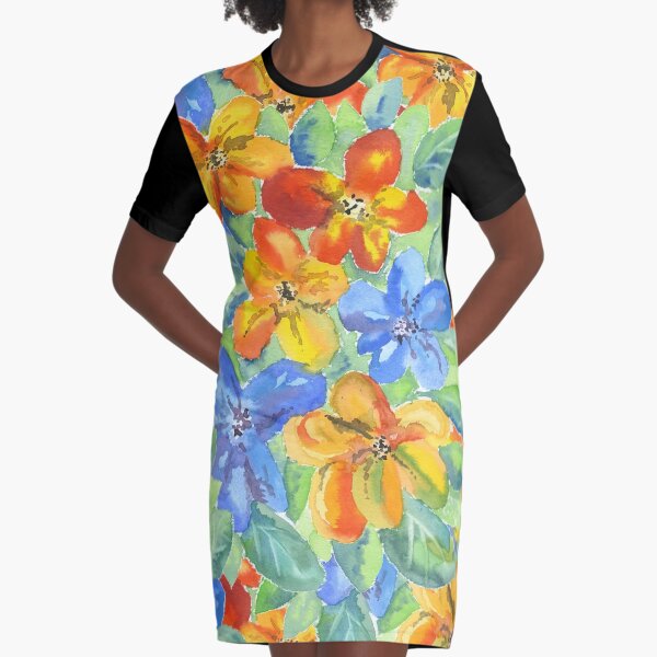 Watercolor Hand-Painted Orange Blue Tropical Flowers Graphic T-Shirt Dress