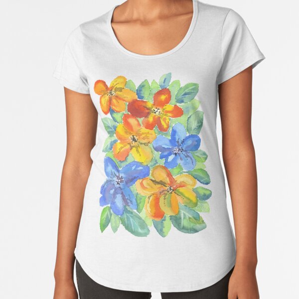 Watercolor Hand-Painted Orange Blue Tropical Flowers Premium Scoop T-Shirt