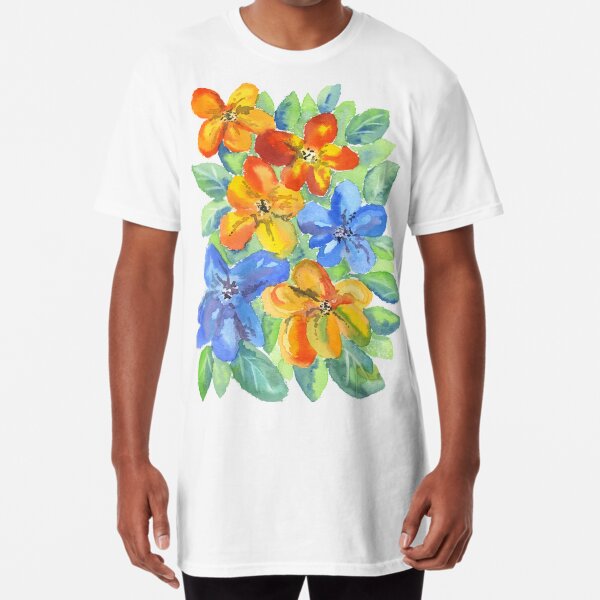 Watercolor Hand-Painted Orange Blue Tropical Flowers Long T-Shirt