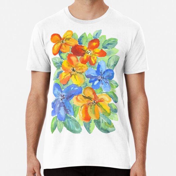 Watercolor Hand-Painted Orange Blue Tropical Flowers Premium T-Shirt