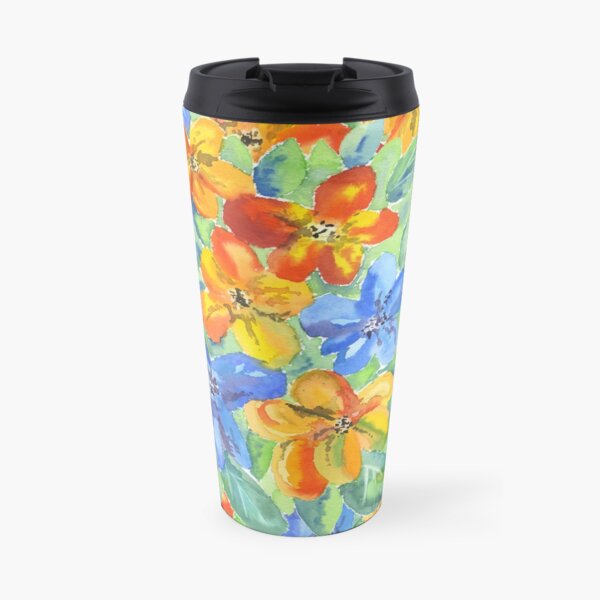 Watercolor Hand-Painted Orange Blue Tropical Flowers Travel Mug