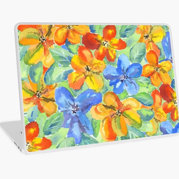 Watercolor Hand-Painted Orange Blue Tropical Flowers Laptop Skin