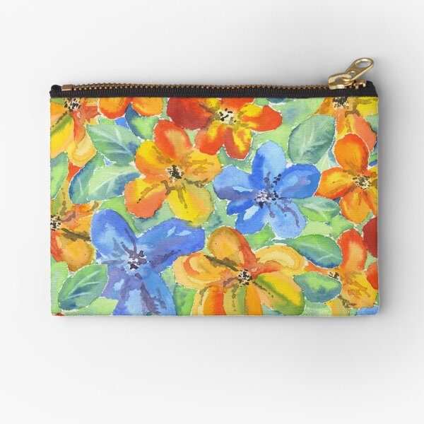 Watercolor Hand-Painted Orange Blue Tropical Flowers Zipper Pouch