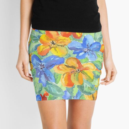 Watercolor Hand-Painted Orange Blue Tropical Flowers Mini Skirt