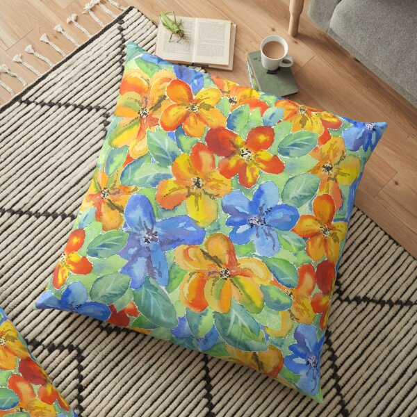 Watercolor Hand-Painted Orange Blue Tropical Flowers Floor Pillow
