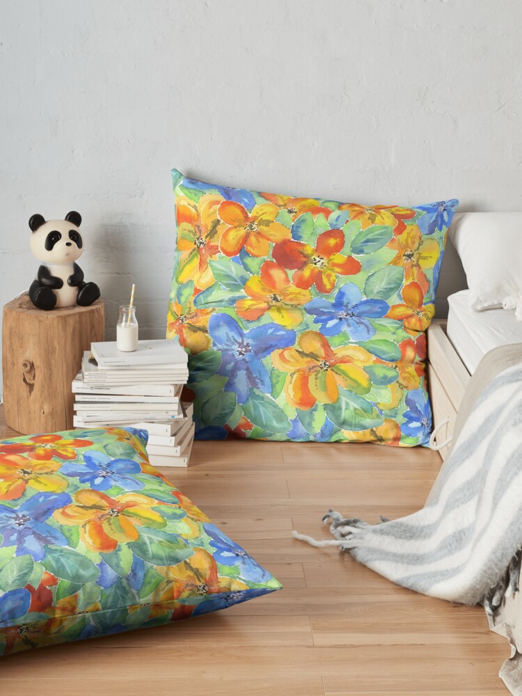 Alternate view of Watercolor Hand-Painted Orange Blue Tropical Flowers Floor Pillow