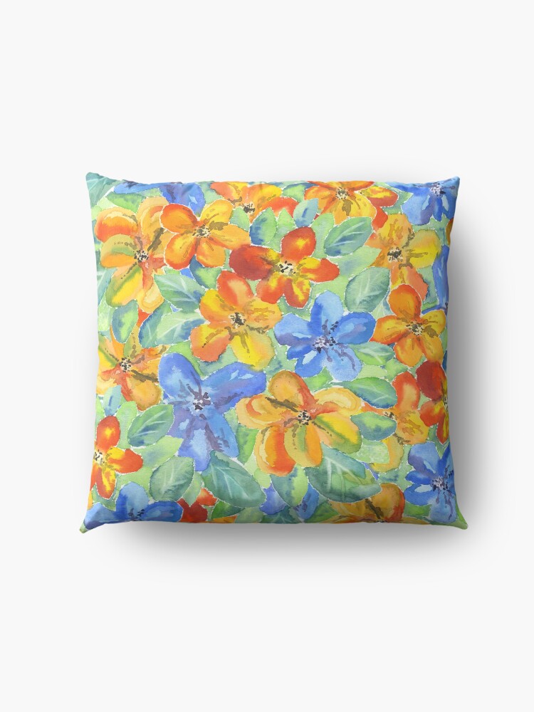 Alternate view of Watercolor Hand-Painted Orange Blue Tropical Flowers Floor Pillow