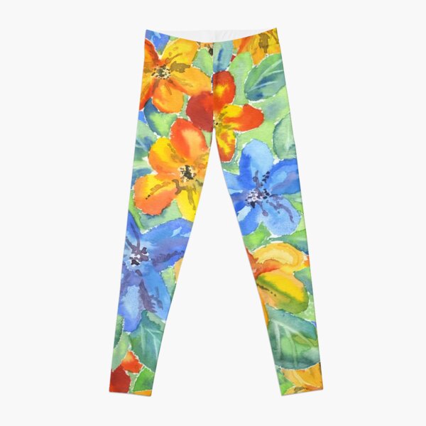 Watercolor Hand-Painted Orange Blue Tropical Flowers Leggings