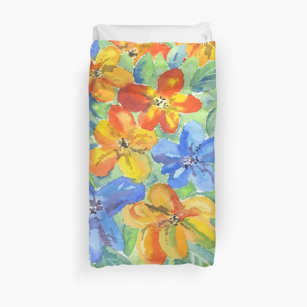 Watercolor Hand-Painted Orange Blue Tropical Flowers Duvet Cover