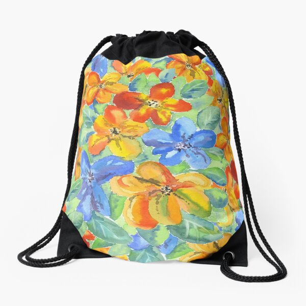 Watercolor Hand-Painted Orange Blue Tropical Flowers Drawstring Bag