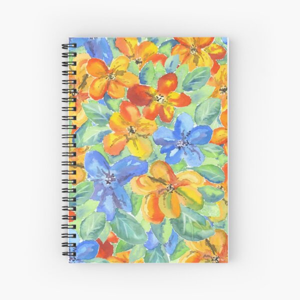 Watercolor Hand-Painted Orange Blue Tropical Flowers Spiral Notebook