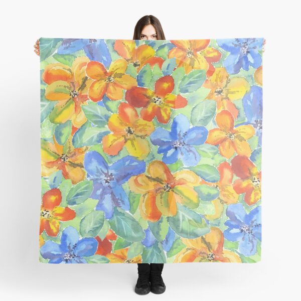 Watercolor Hand-Painted Orange Blue Tropical Flowers Scarf
