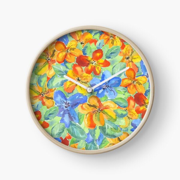 Watercolor Hand-Painted Orange Blue Tropical Flowers Clock