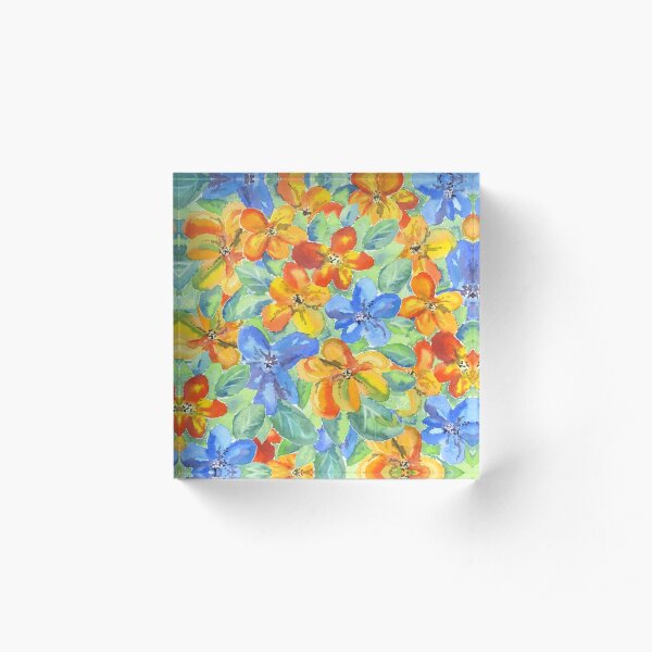 Watercolor Hand-Painted Orange Blue Tropical Flowers Acrylic Block