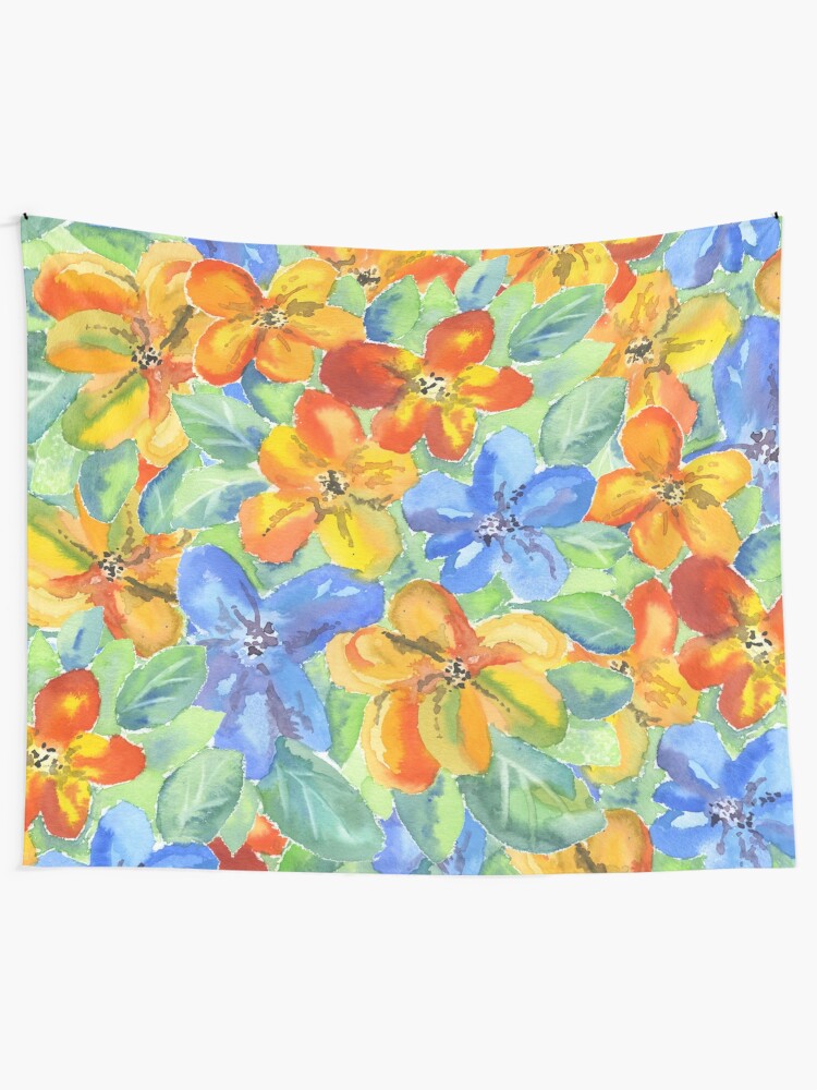 Alternate view of Watercolor Hand-Painted Orange Blue Tropical Flowers Tapestry