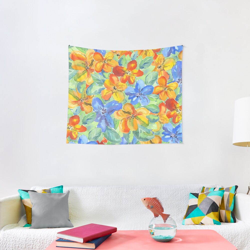 Watercolor Hand-Painted Orange Blue Tropical Flowers Tapestry