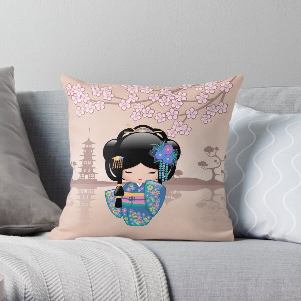 Japanese Keiko Kokeshi Doll Throw Pillow