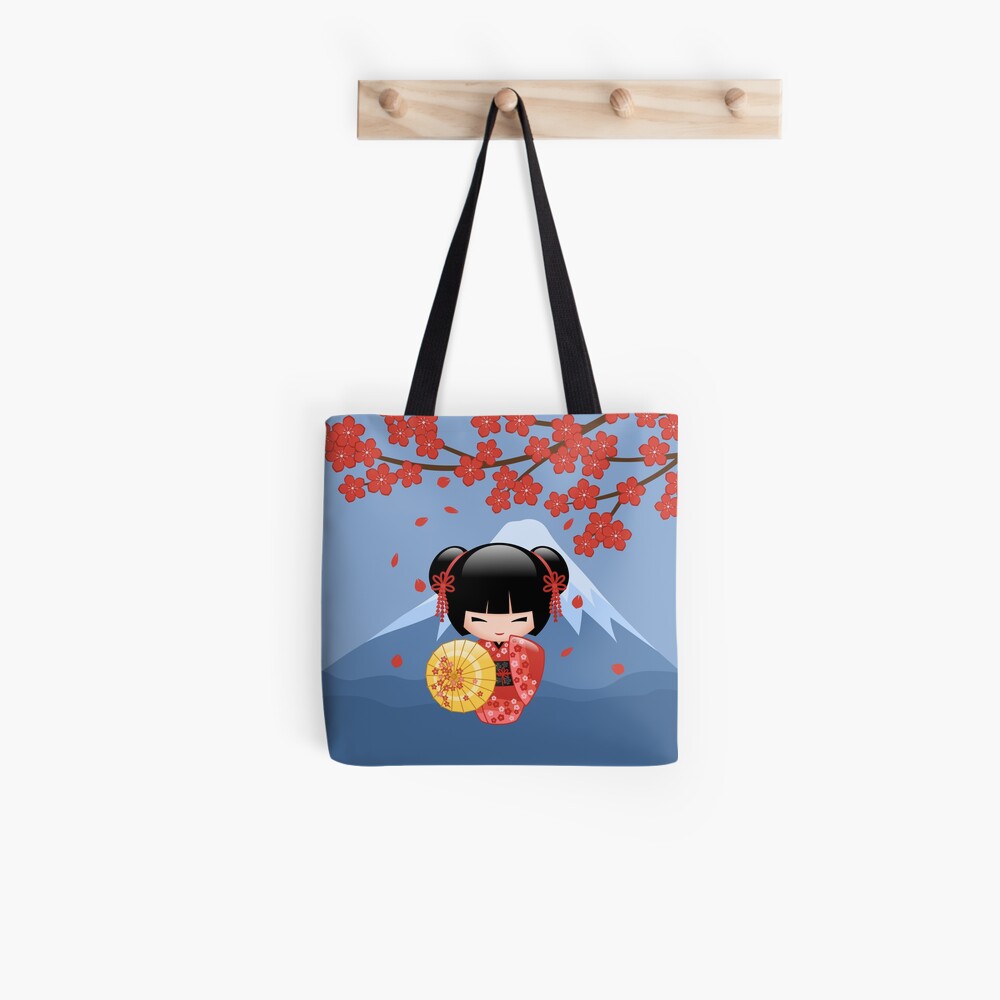 Japanese Red Sakura Kokeshi Doll Tote Bag