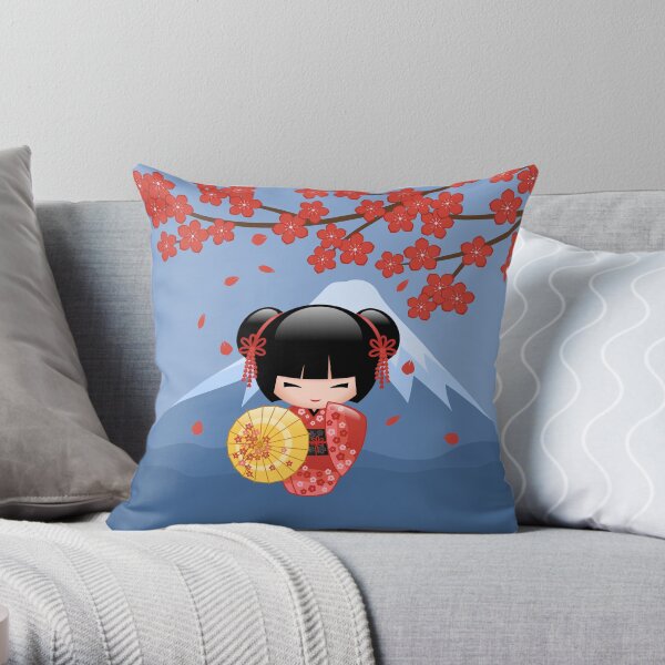 Japanese Red Sakura Kokeshi Doll Throw Pillow