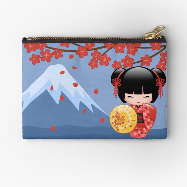 Japanese Red Sakura Kokeshi Doll Zipper Pouch