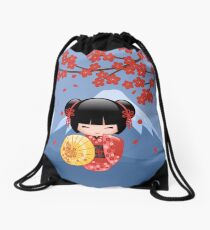 Japanese Red Sakura Kokeshi Doll Drawstring Bag